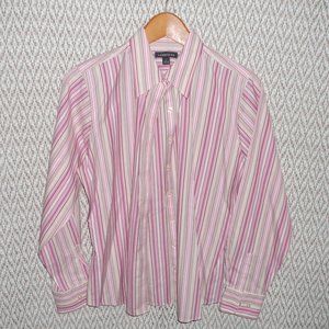 Lands End Button Down Shirt Blouse Pink Striped size 8